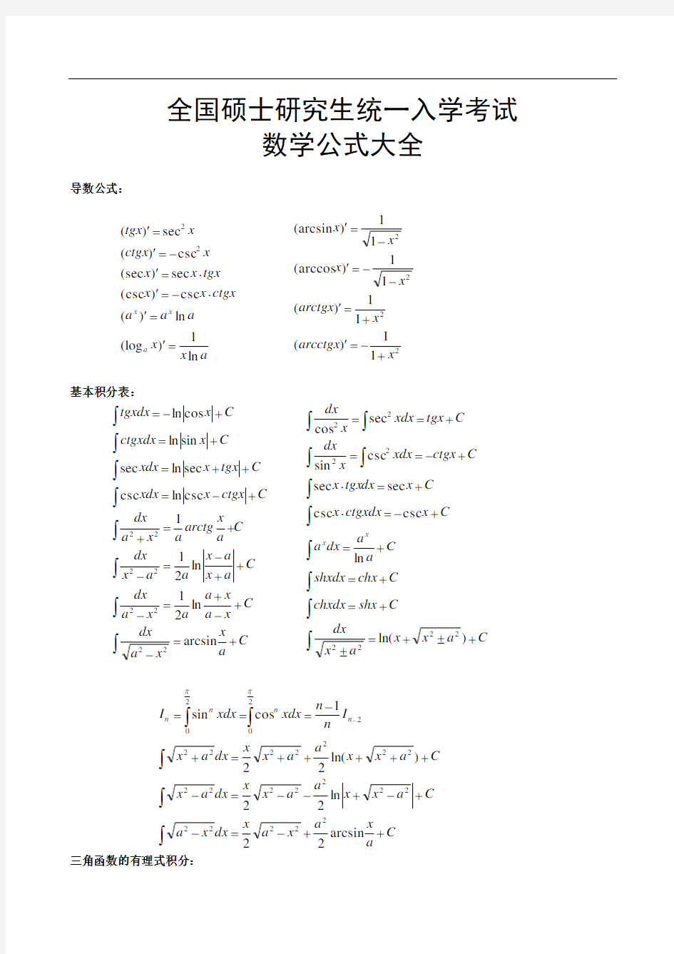 考研数学140分-必背公式大全