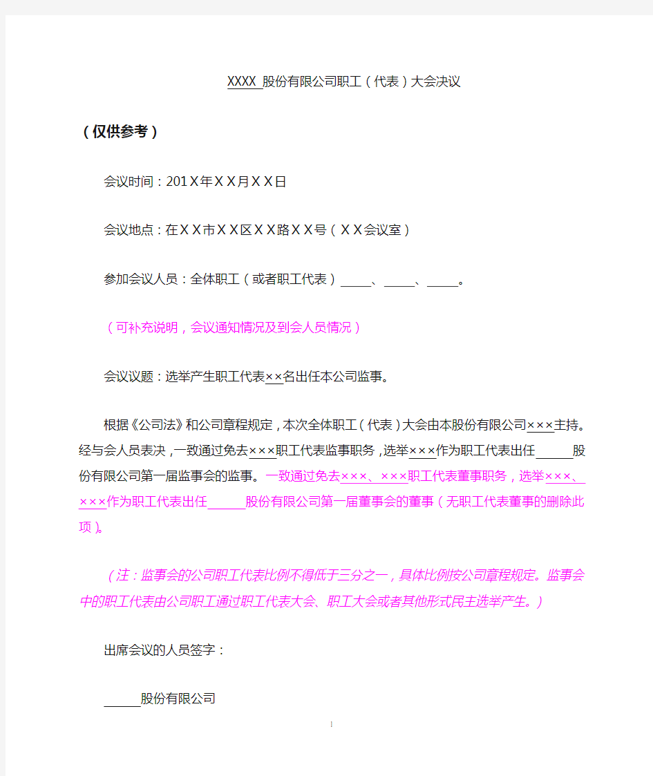 XXXX股份有限公司职工代表大会决议