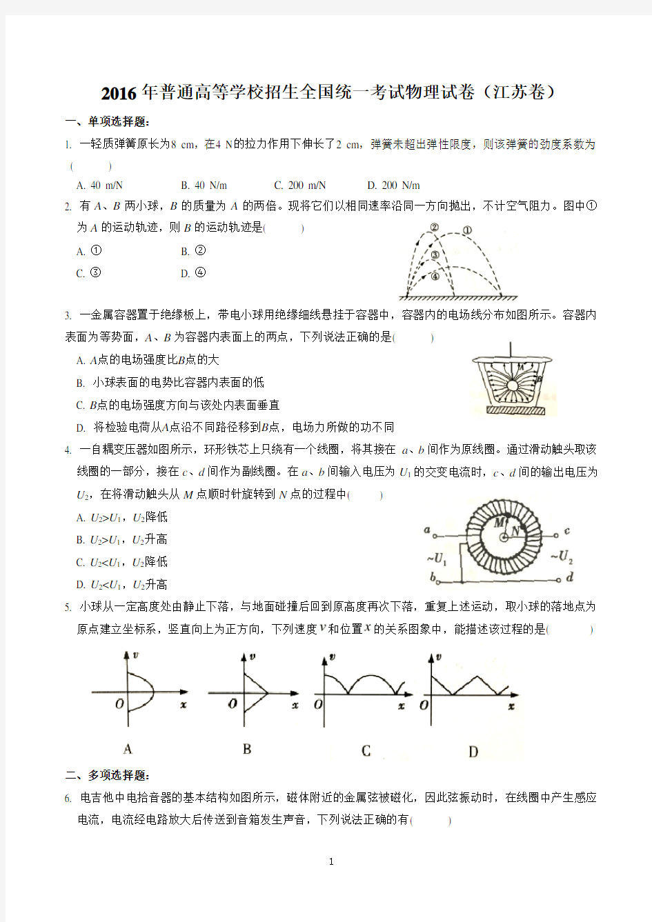 2016年高考物理试卷----江苏卷(高清版)