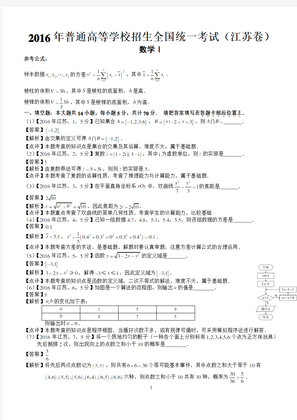 2016年高考江苏数学试题及答案(word解析版)