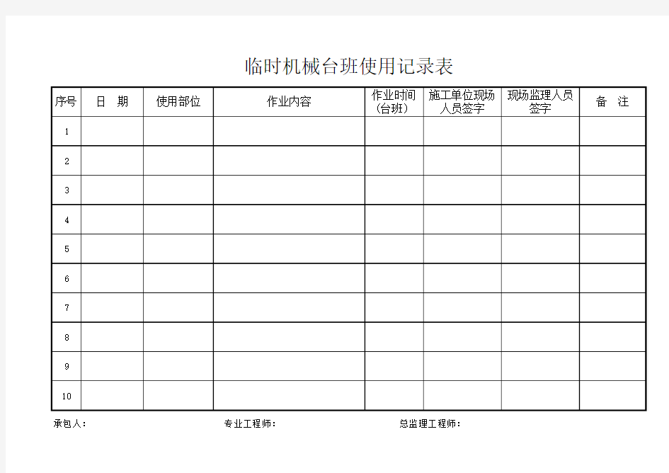 临时机械台班使用记录表