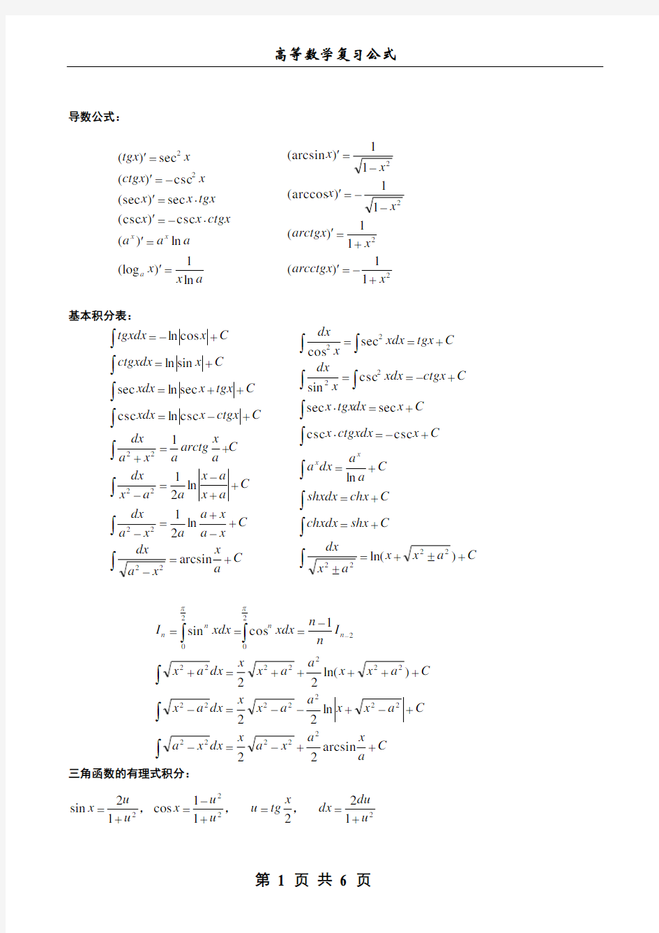 考研数学公式大全(数三)