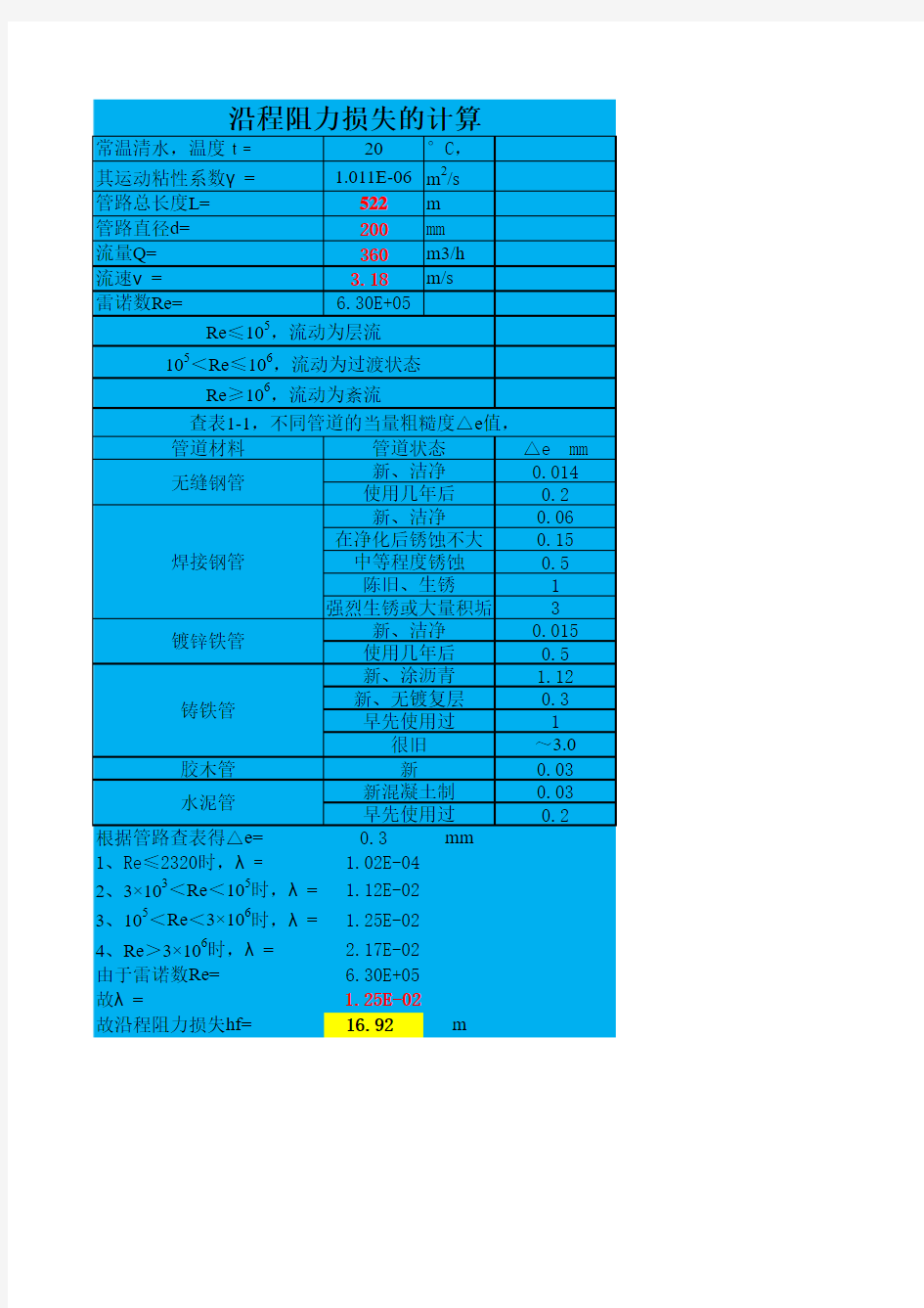 管路沿程阻力计算