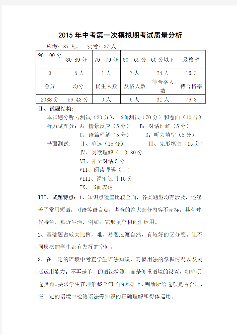 2015年中考模拟一英语试卷分析