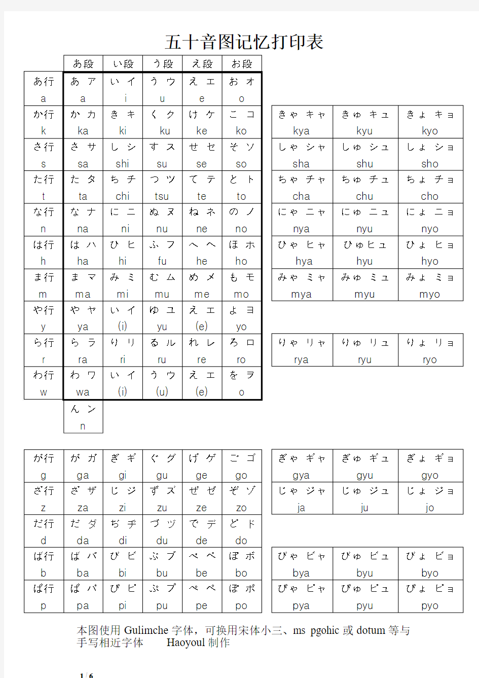 日语50音图打印版