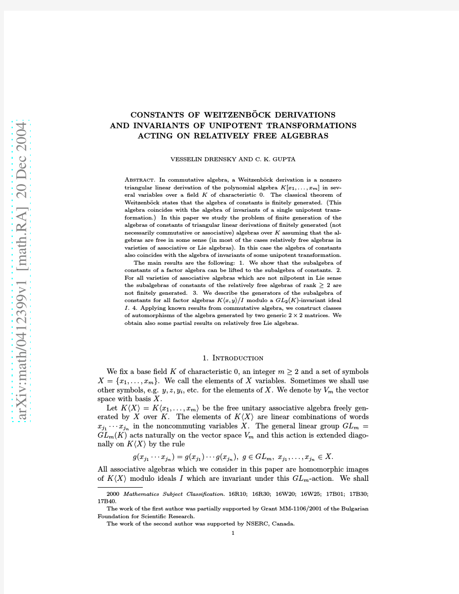Constants of Weitzenbock derivations and invariants of unipotent transformations acting on