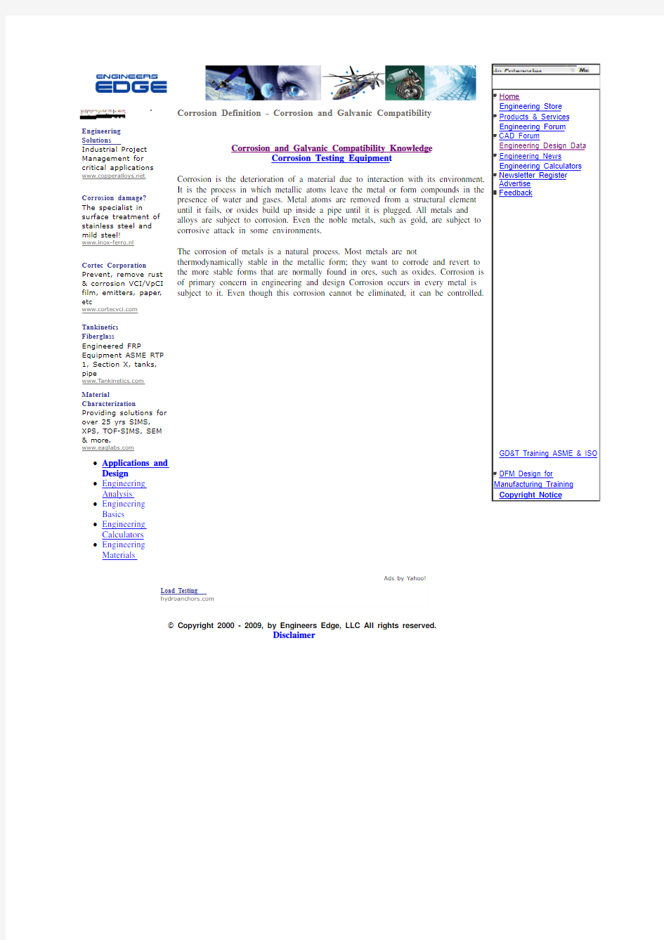 Corrosion and Galvanic Compatibility Menu