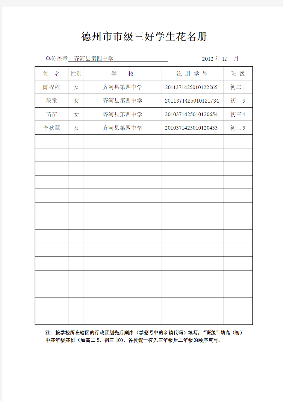 德州市三好学生花名册齐河四中