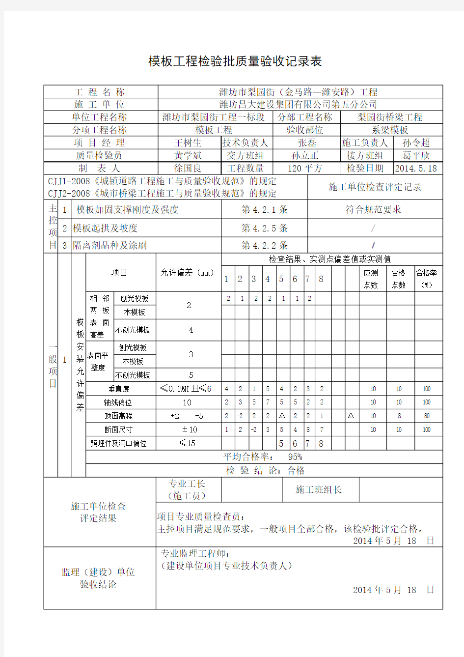 模板工程检验批质量验收记录表