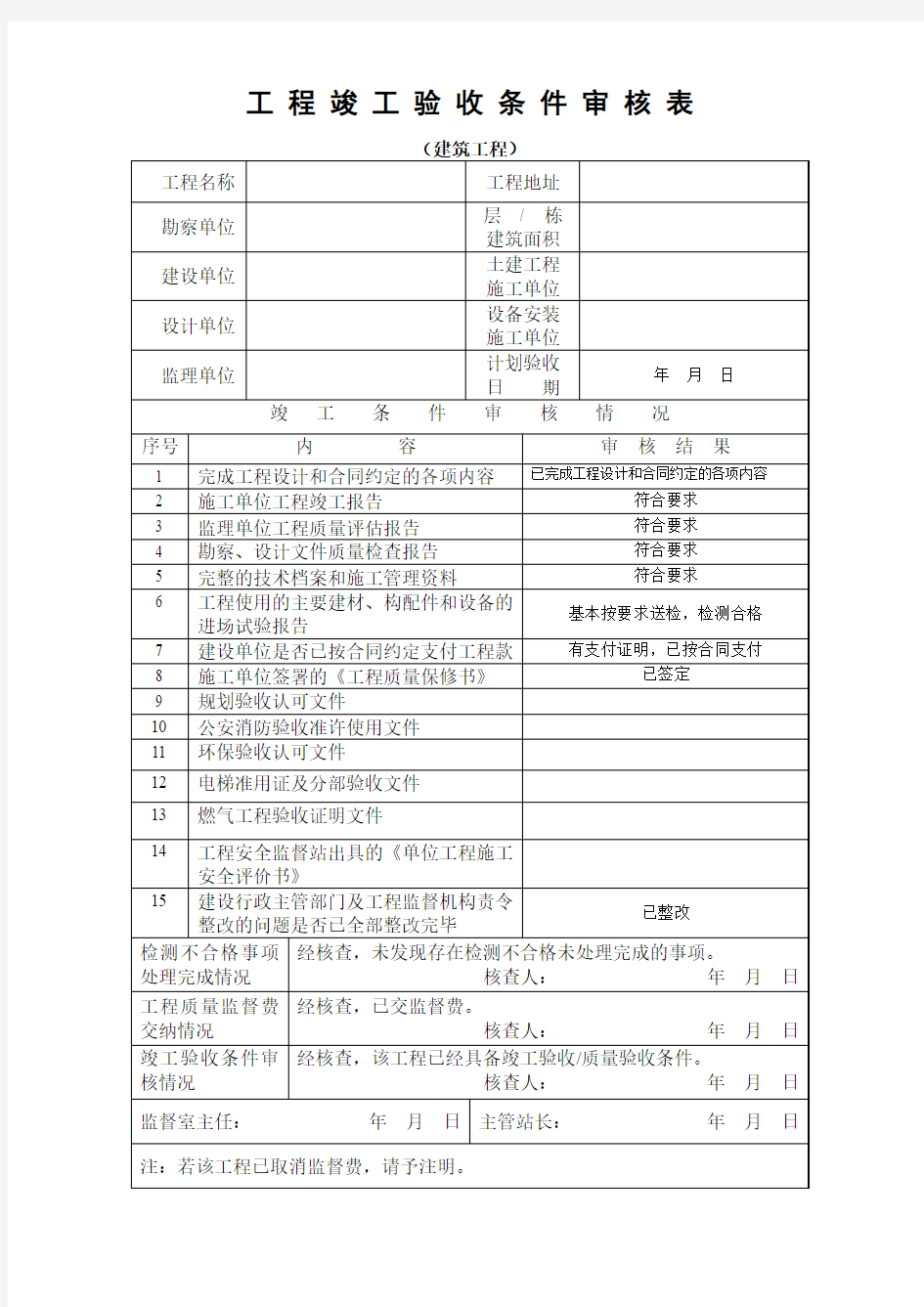 工程竣工验收资料审核表