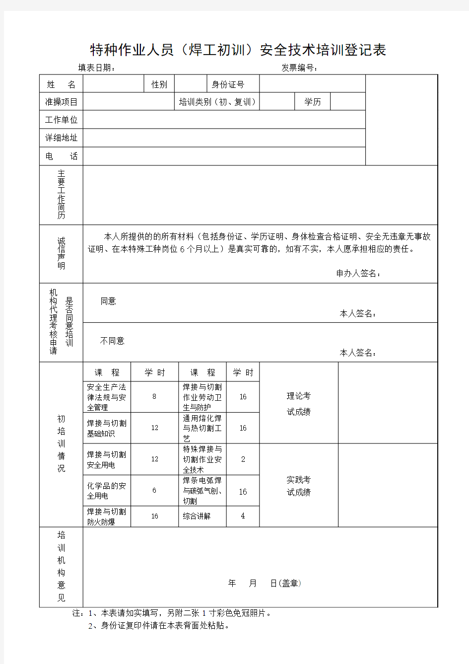 特种作业人员初训表格