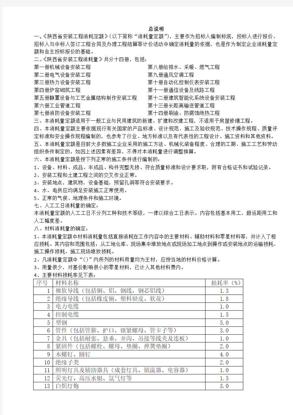 09陕西安装定额说明