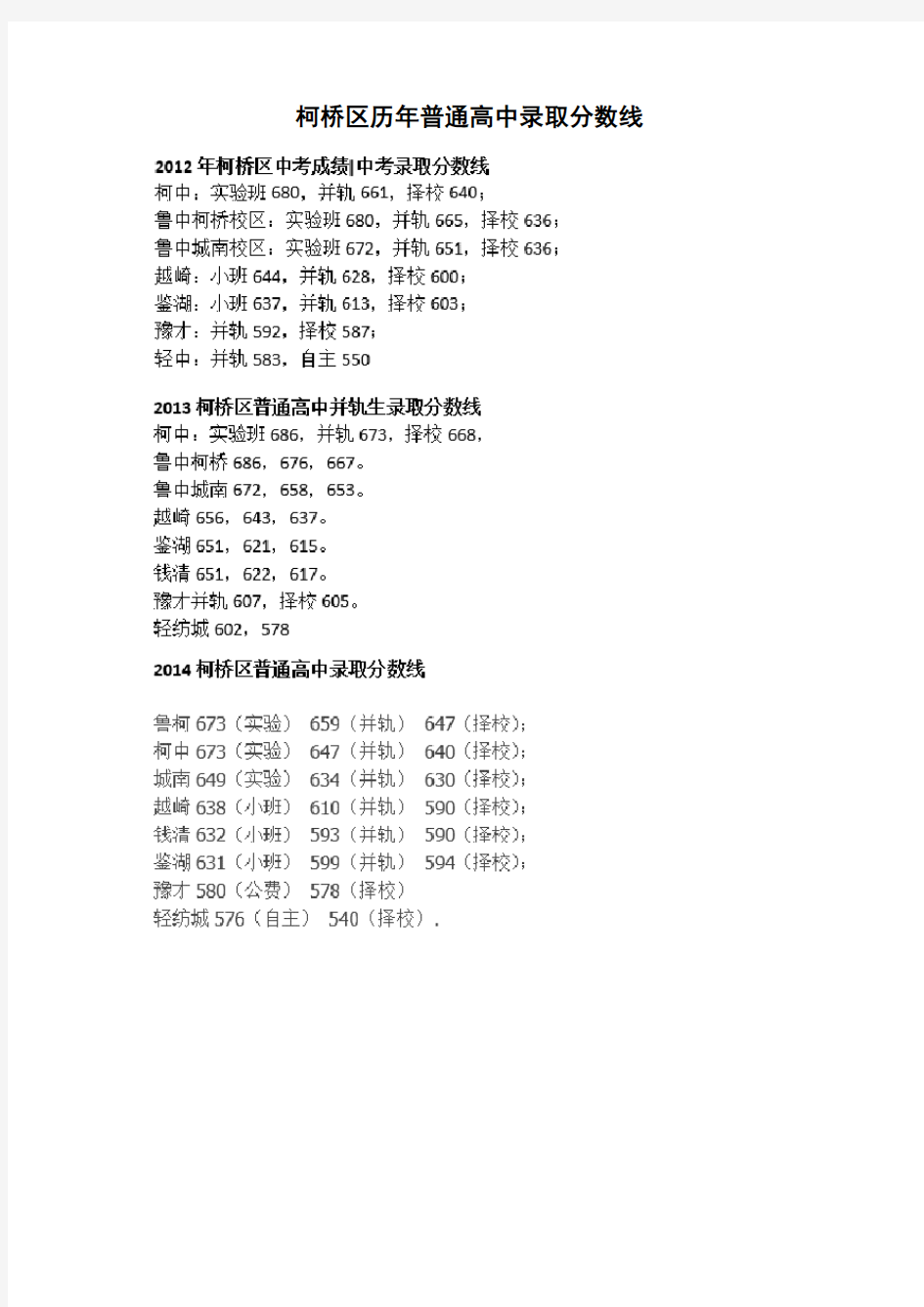 柯桥区历年普通高中录取分数线(2012-2019)