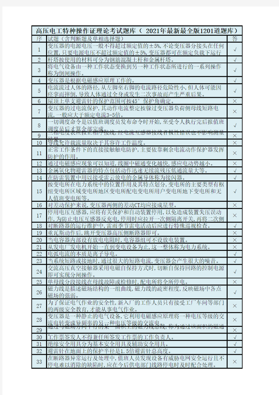 高压电工特种操作证理论考试题库(2021年版1201道题库)