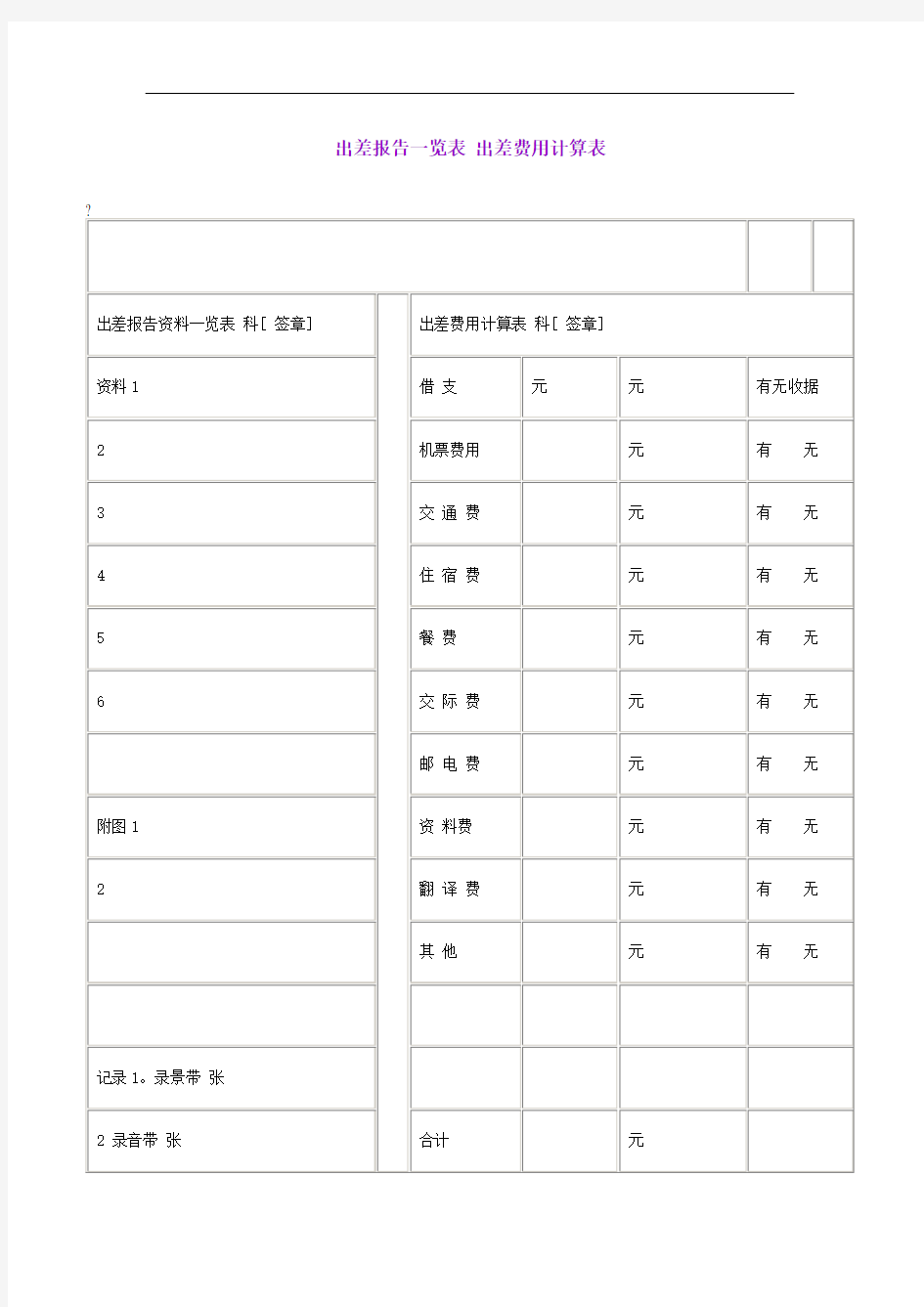 出差报告览表出差费用计算表表格格式修订稿