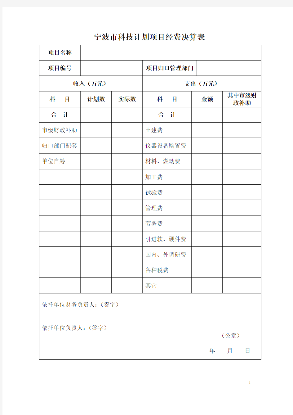 宁波市科技计划项目经费决算表