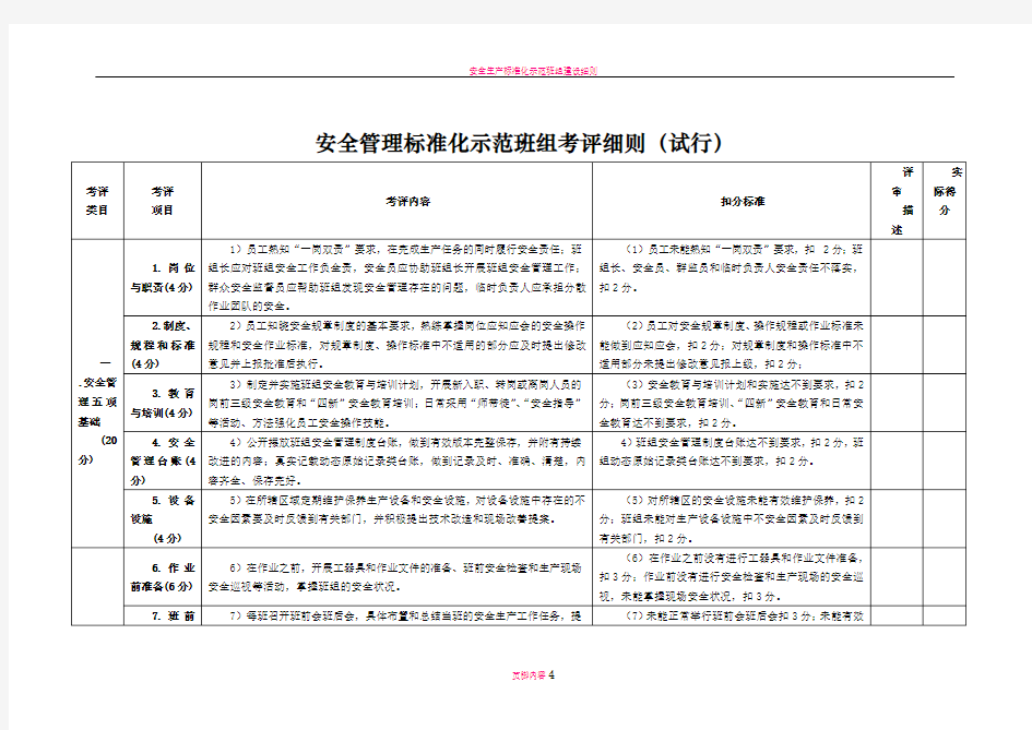 安全生产标准化示范班组考评细则