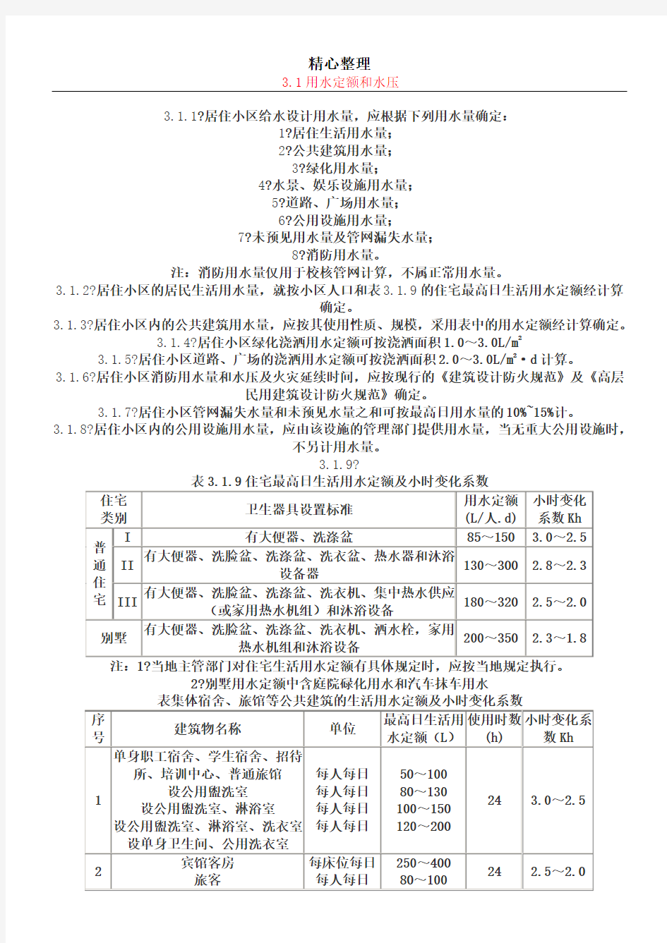 用水定额及标准