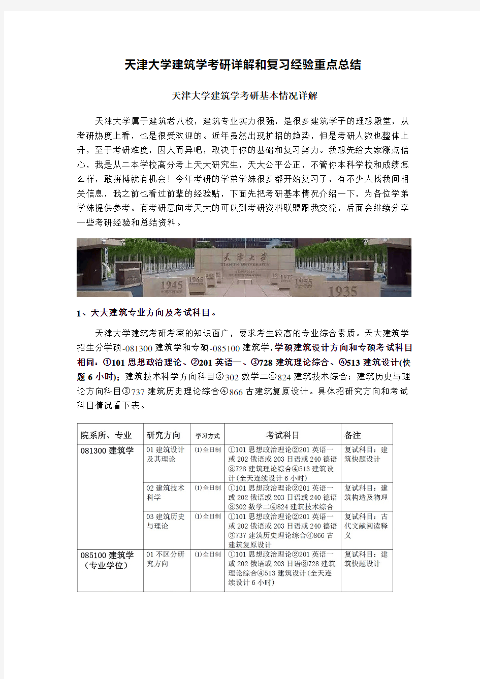 天津大学建筑学考研详解和复习重点总结