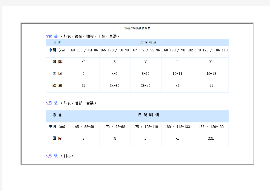 各国服装尺码对照