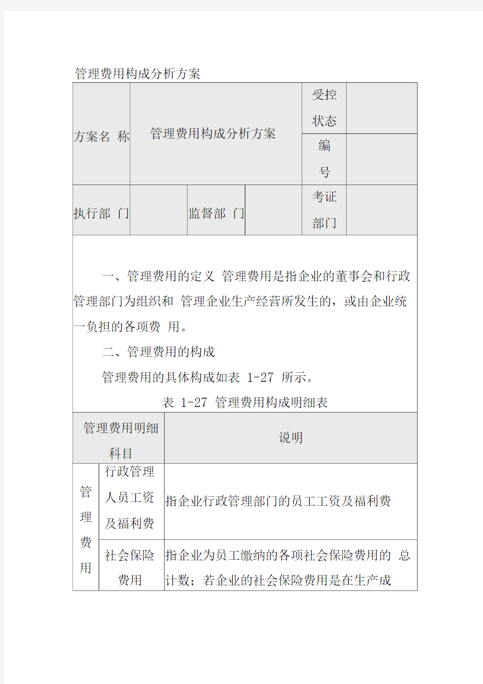 企业内部控制管理费用构成分析方案