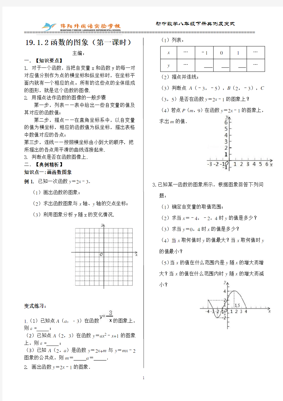 19.1.2函数的图象(第一课时)典例及变式