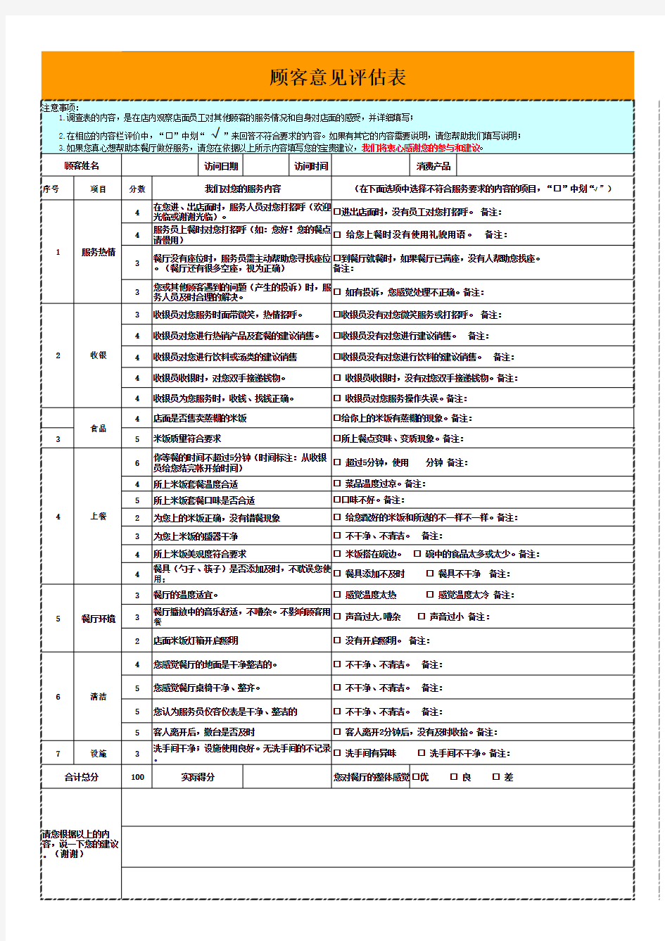 店铺运营管理-4.顾客意见评估表