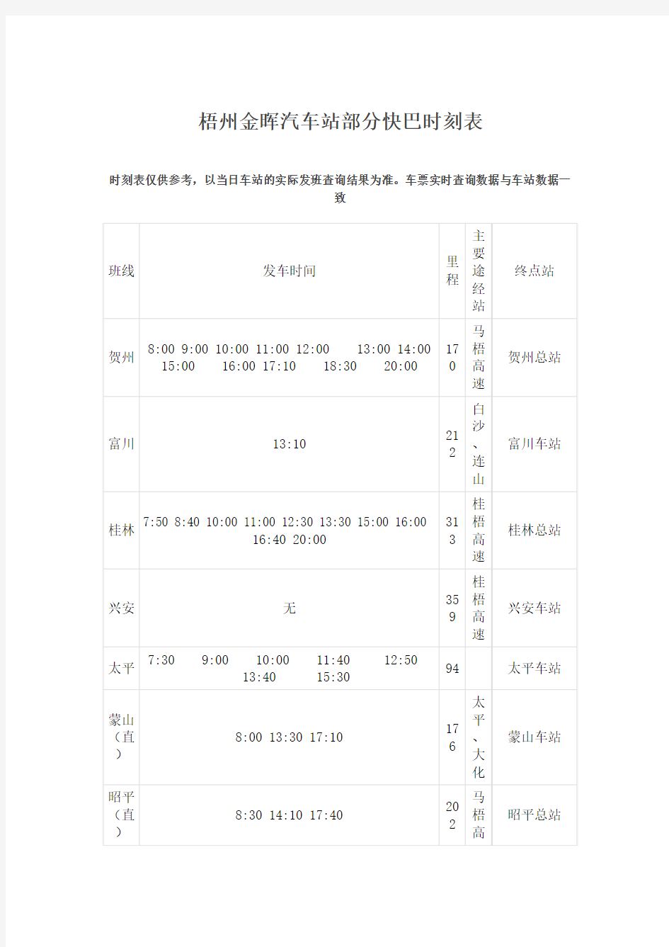 梧州金晖汽车站部分快巴时刻表