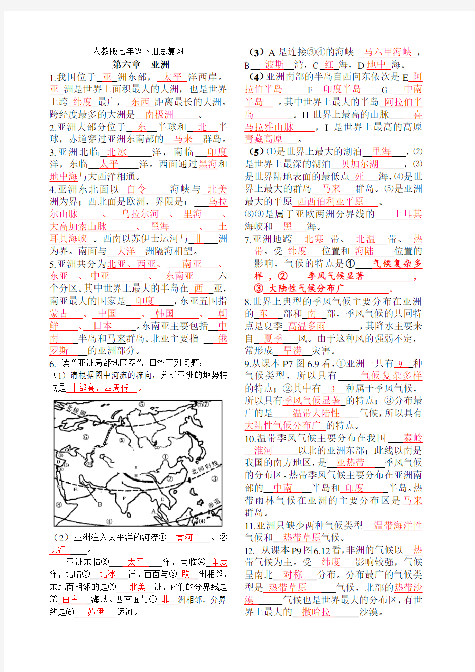 人教版初一下册地理知识点总结大全