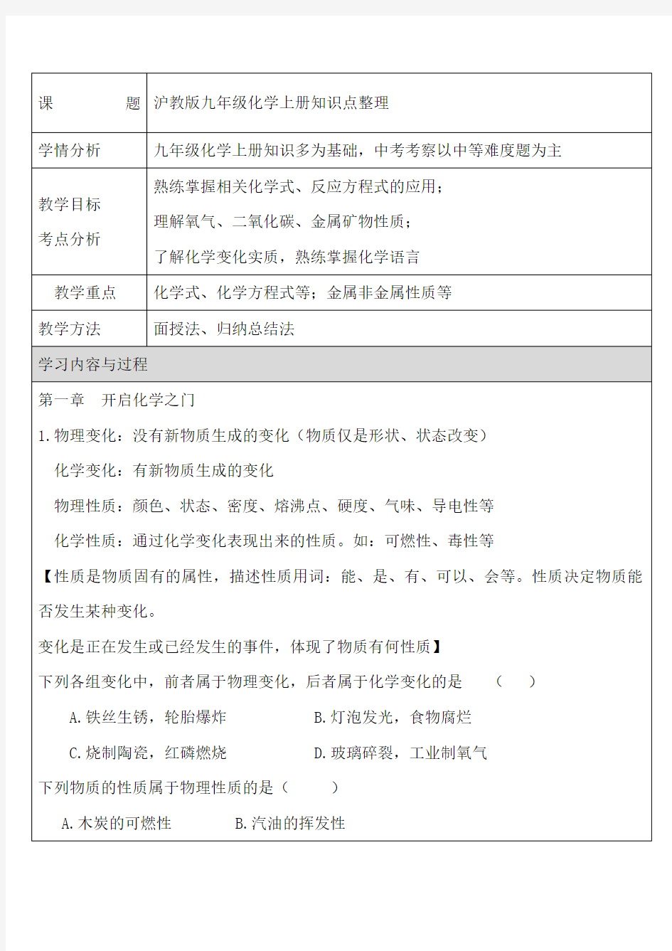 沪教版九年级化学上册知识点 