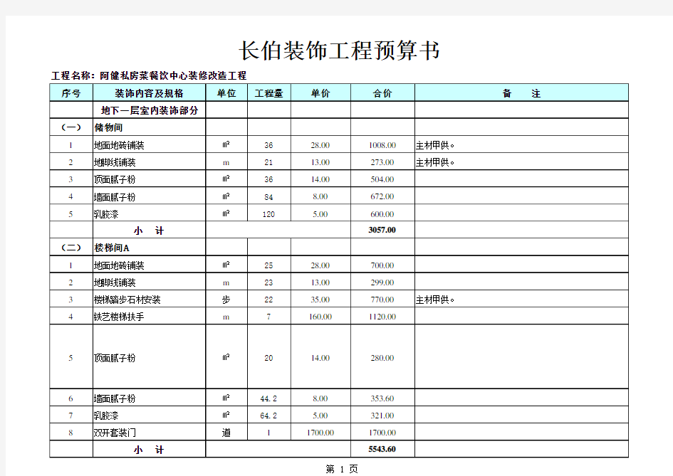 酒店装饰工程预算书案例