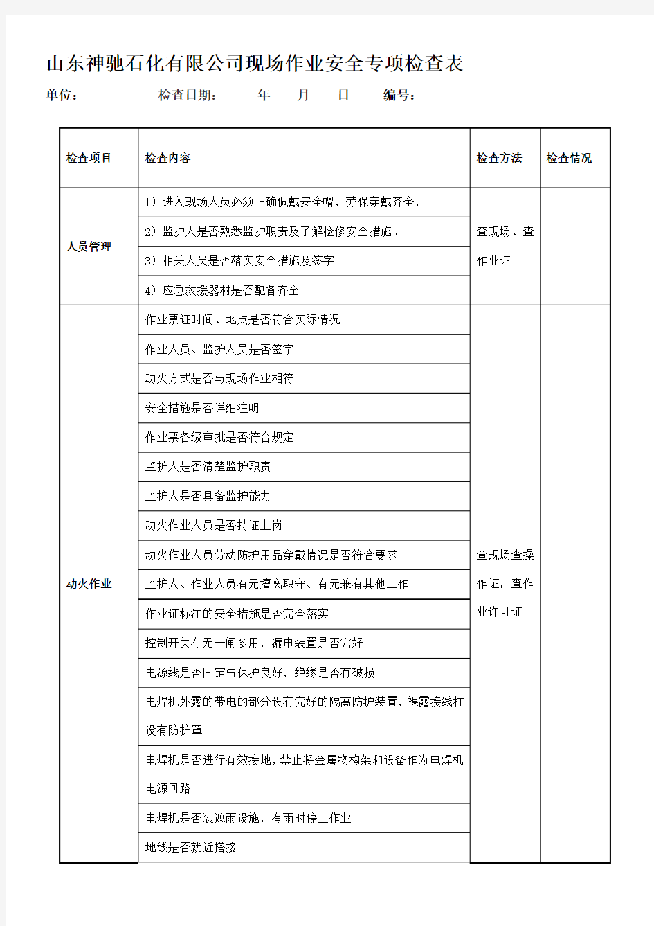 现场作业安全检查表