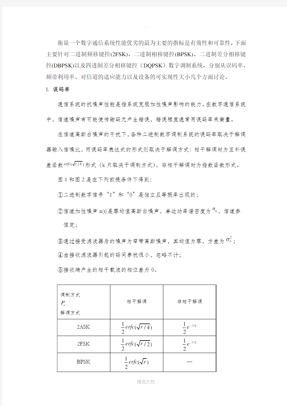 数字调制系统的性能比较