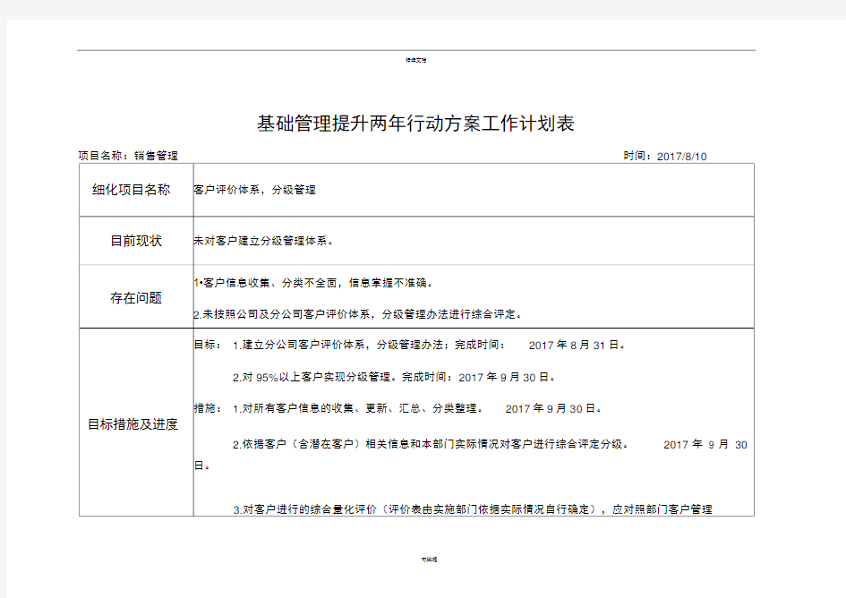 基础管理提升方案工作计划表