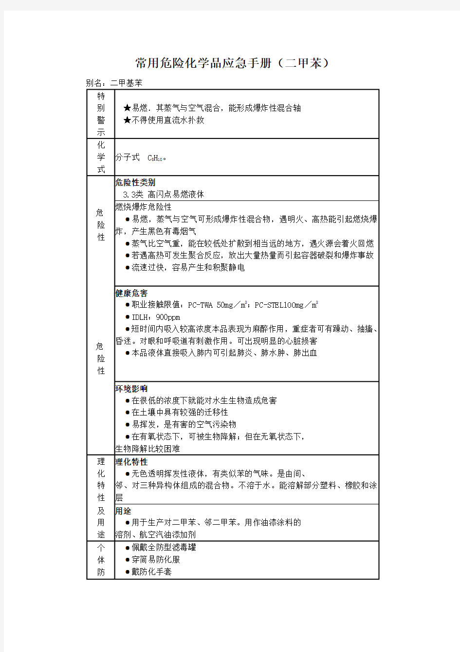 常用危险化学品应急手册(二甲苯)