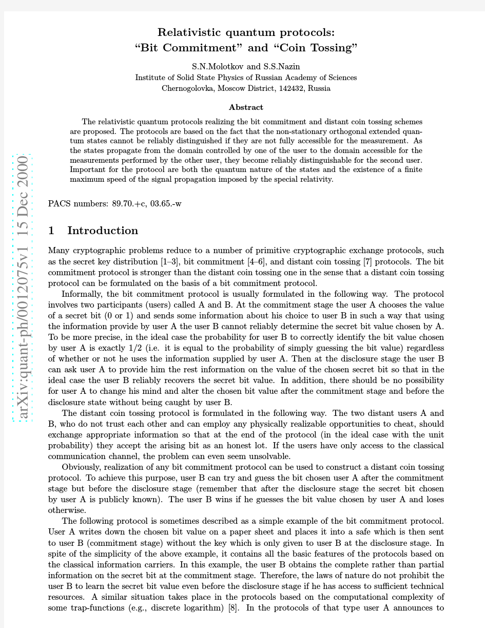 Relativistic quantum protocols Bit Commitment and Coin Tossing