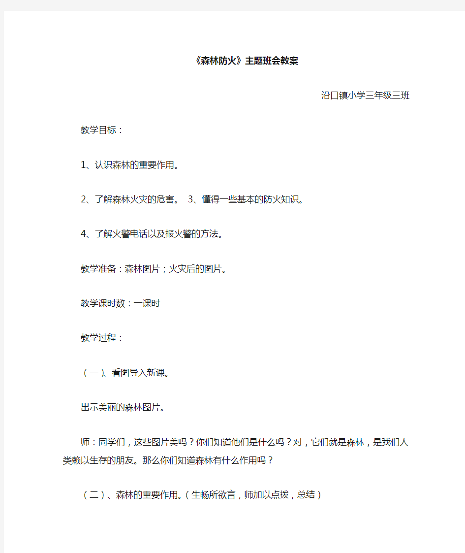 三年级三班森林防火主题班会教案