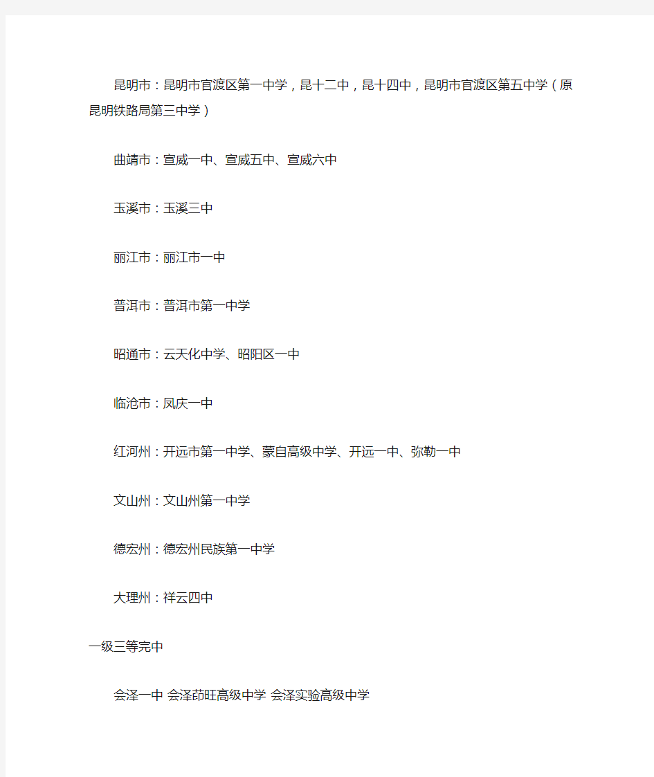 2014年(最新最全)云南省一级高级中学云南高中名单