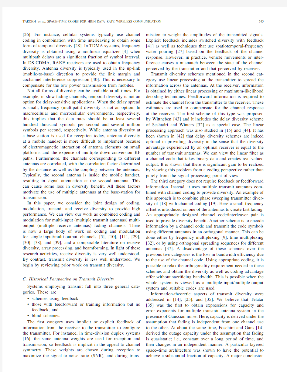 Space-Time Codes for High Data Rate Wireless Communication-Performance Criterion and Code Constructi