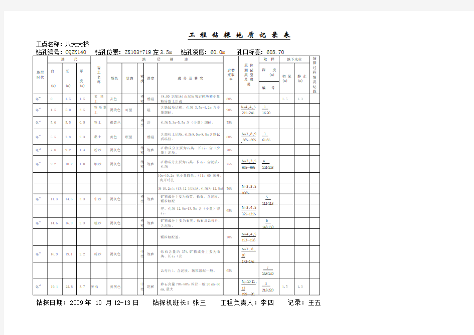 工程钻探地质记录表