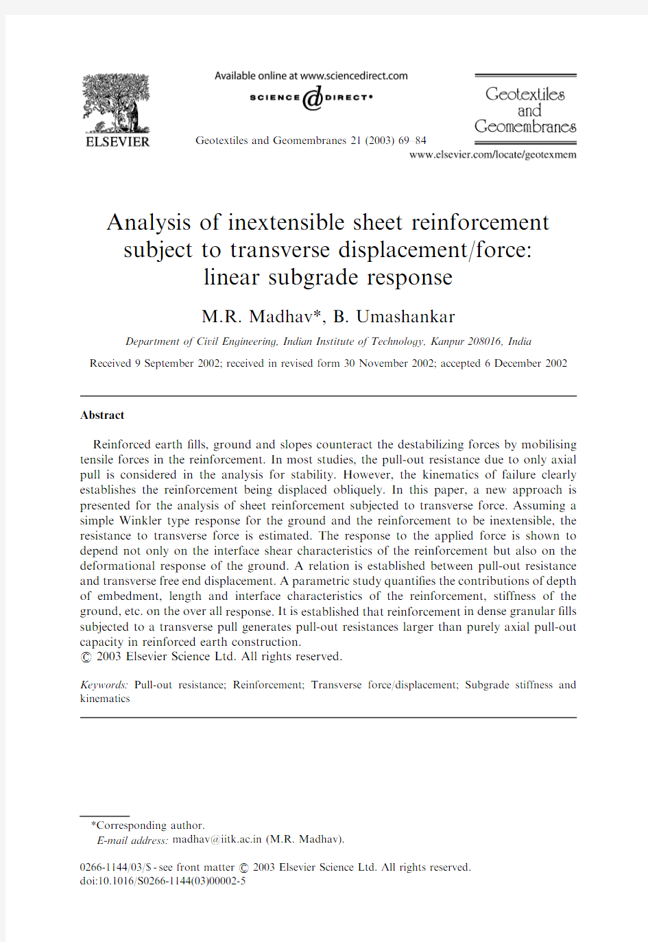 Analysis of inextensible sheet reinforcement subject to transverse displacement force linear subg