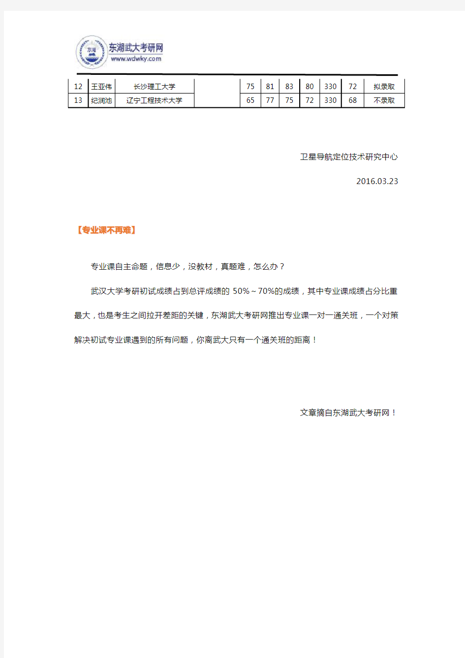 2016年武汉大学卫星导航定位技术研究中心硕士研究生复试录取名单