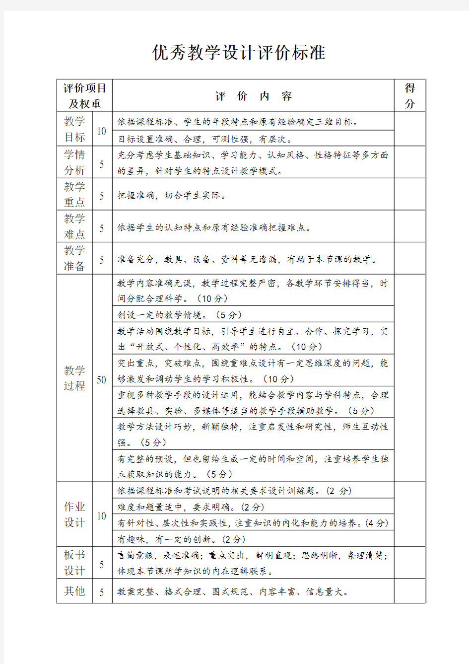 优秀教学设计评价标准