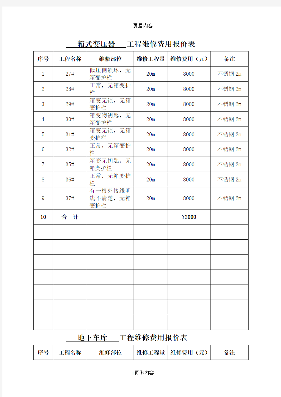 工程维修费用报价表