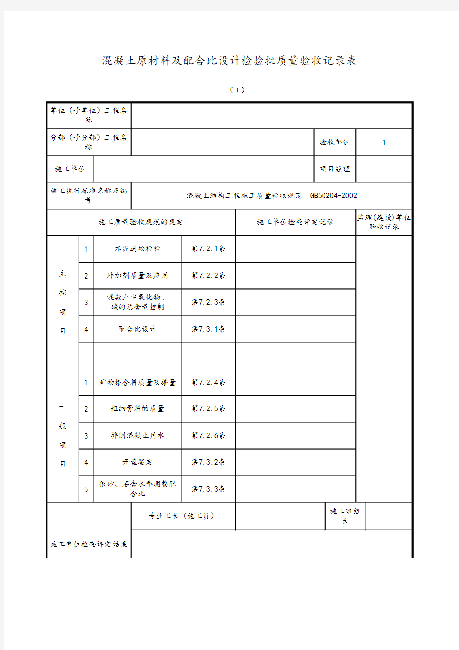 混凝土原材料及配合比设计检验批质量验收记录表