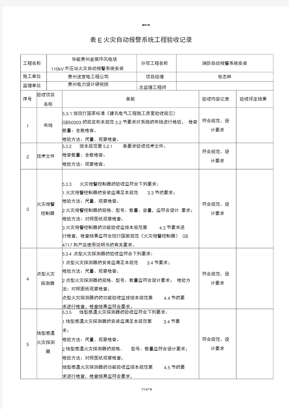 火灾自动报警系统工程验收记录