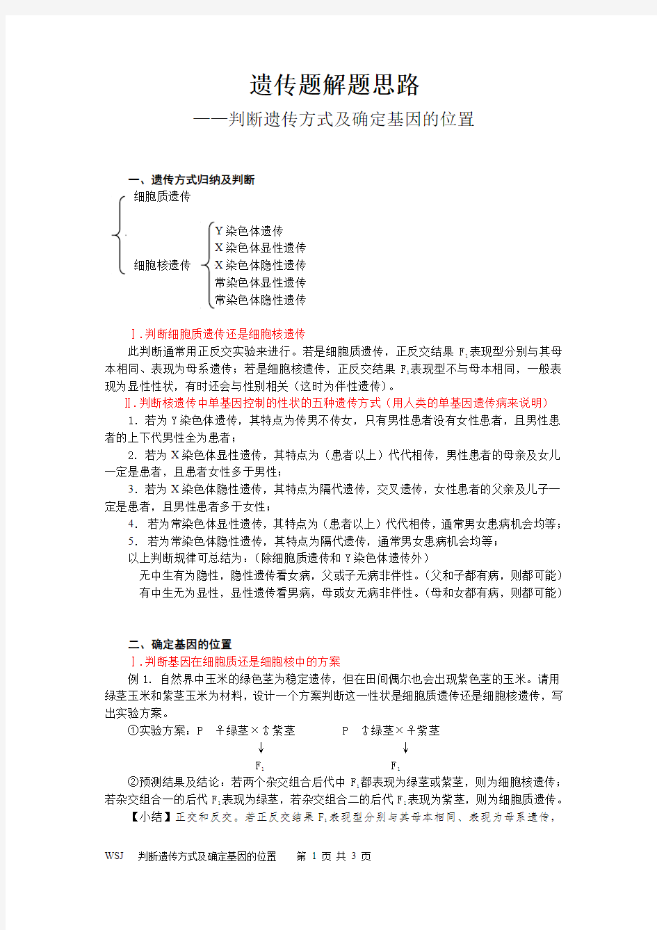 判断遗传方式及确定基因的位置