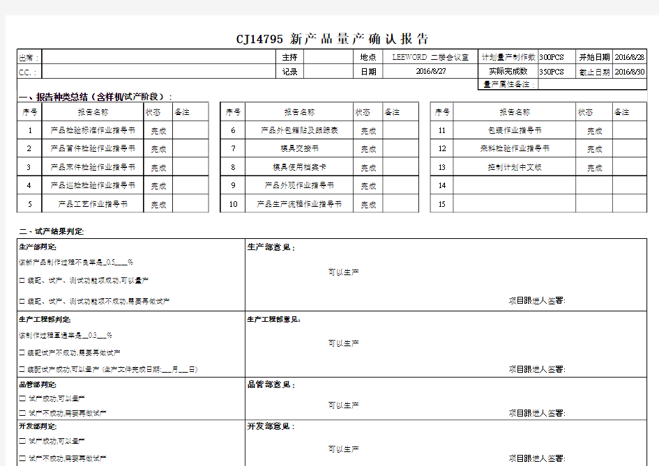 新产品量产前评审报告2016-8-31