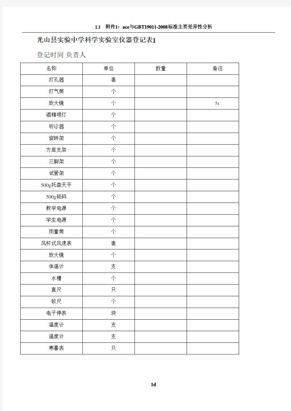 科学仪器登记表