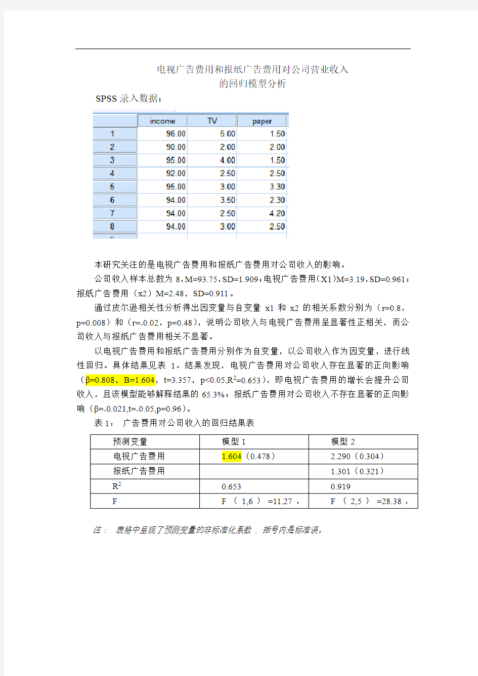 SPSS回归模型分析答案及解题思路